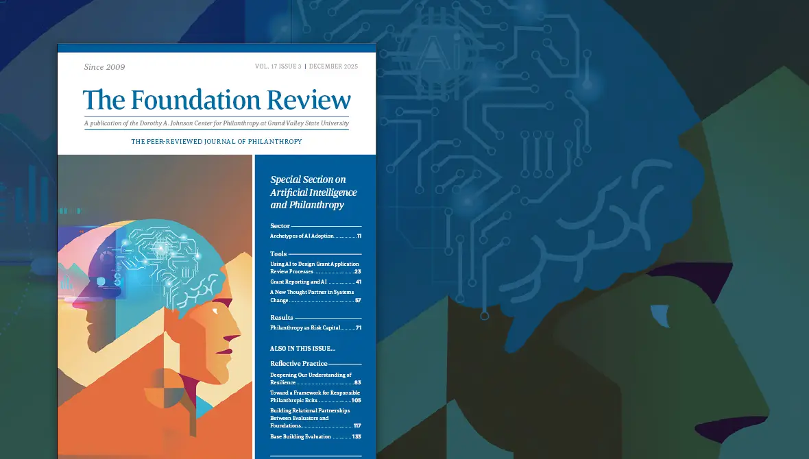 Front cover of The Foundation Review, Volume 17, Issue 3, which features articles on the use of artificial intelligence (AI) in philanthropy