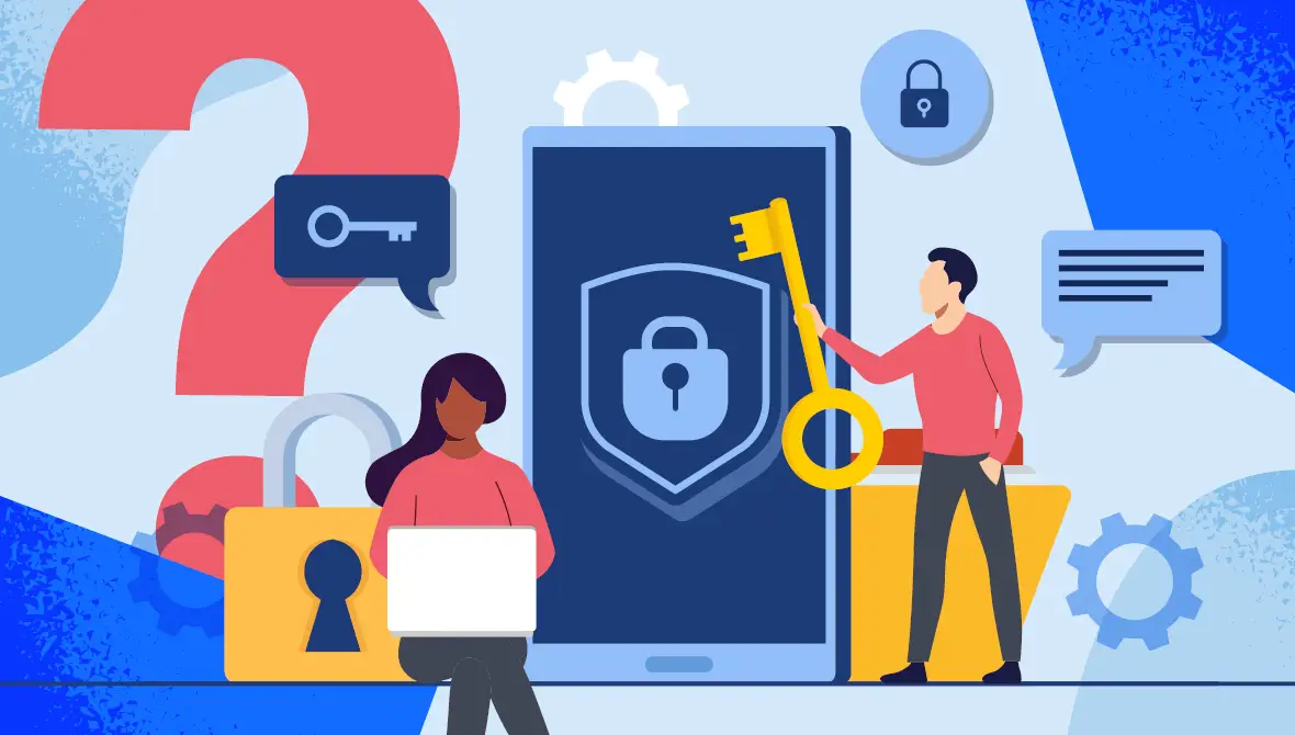 Abstract illustration of a male and female figure surrounded by icons representing data security