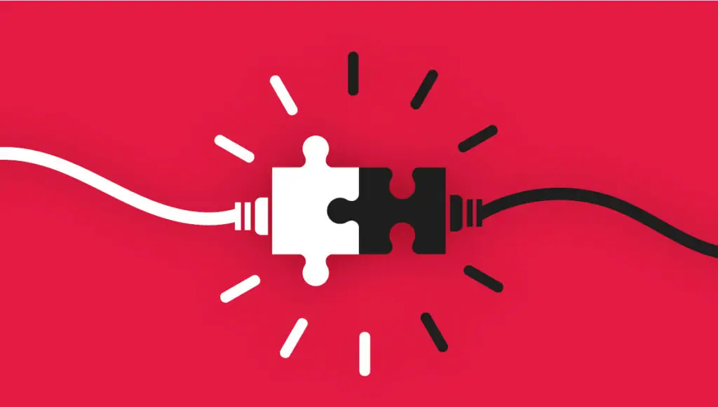 Illustration of two connected puzzle pieces on a red background