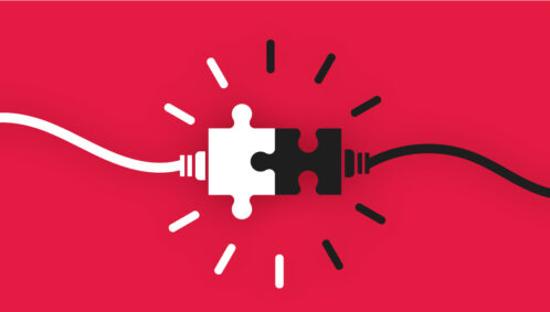 Illustration of two connected puzzle pieces on a red background