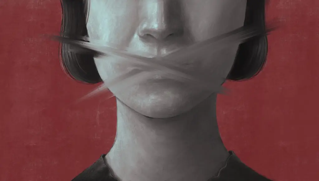 Illustration of a woman's face with blurred, gray lines crossing in front of her mouth