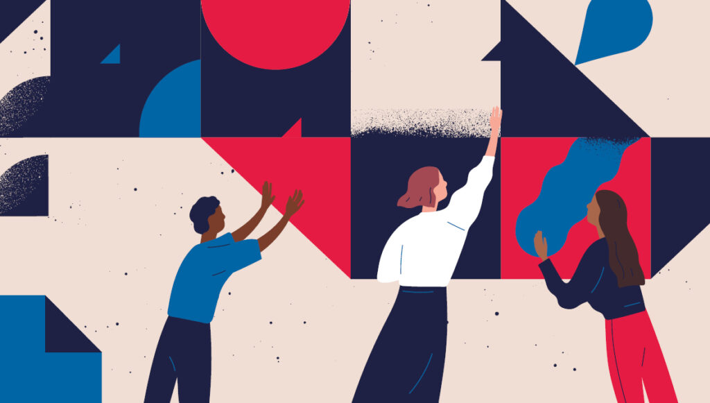 Abstract illustration of three figures moving colorful shapes around on a beige background
