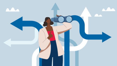 Illustration of a Black woman wearing a blazer looking through binoculars on a background of arrows pointing in different directions