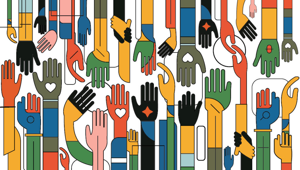 Illustration of dozens of hands in different sizes and colors reaching toward one another, representing community