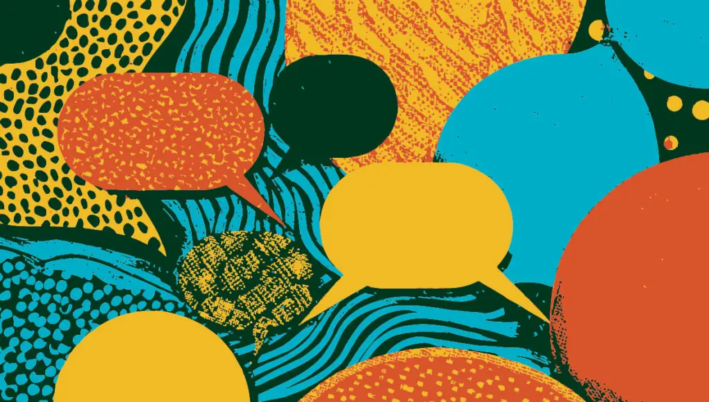 Illustration of colorful speech bubbles overlapping on a vibrant, patterned background