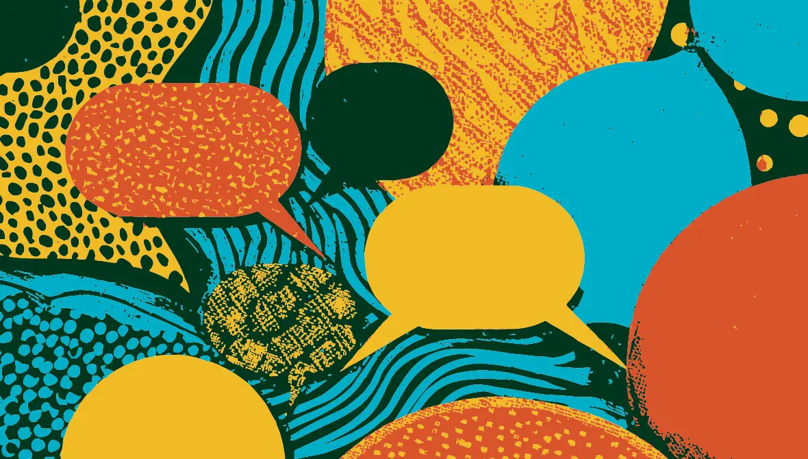 Illustration of colorful speech bubbles overlapping on a vibrant, patterned background