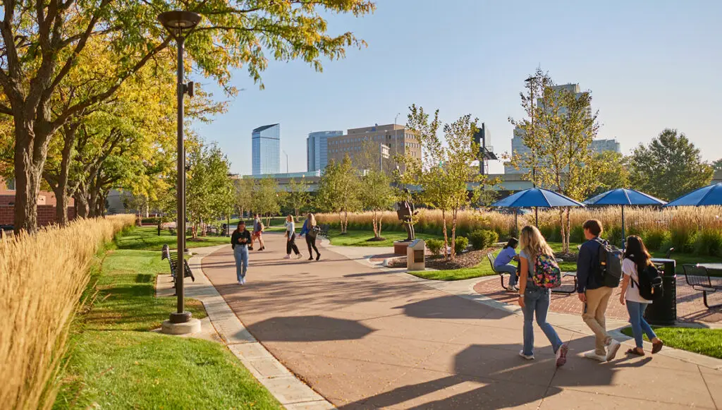 Photo of students walking in front of L. William Seidman Center on GVSU's downtown Grand Rapids campus