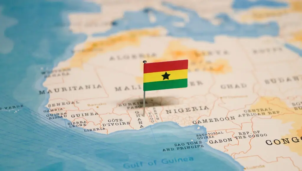 Map of Africa with a Ghanaian flag marker on Ghana