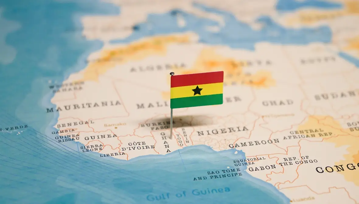 Map of Africa with a Ghanaian flag marker on Ghana