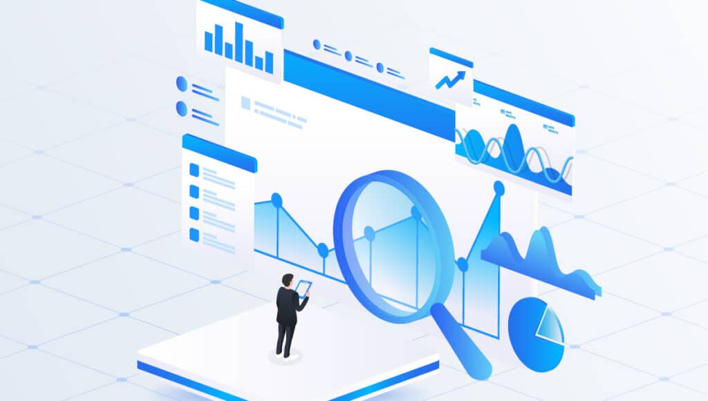 Conceptual illustration of a small, male figure standing in front of several data dashboards and a large magnifying glass